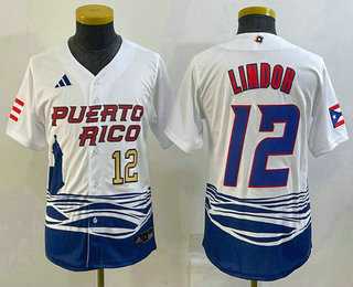Youth Puerto Rico Baseball #12 Francisco Lindor Number 2023 White World Baseball Classic Stitched Jersey1->2023 world baseball classic->MLB Jersey